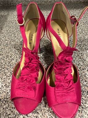 Madden Girl Fuchsia Satin Ruffle T-Strap Heels
